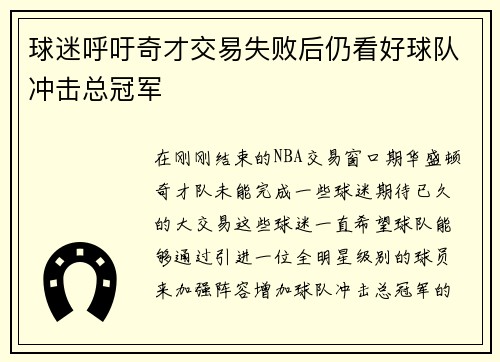 球迷呼吁奇才交易失败后仍看好球队冲击总冠军
